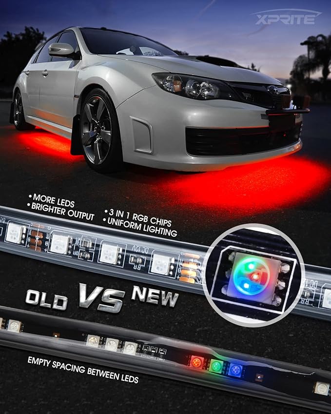 Xprite Car Underglow Neon Accent Strip Lights, 4 Pcs RGB 252 LEDs Underglow Kit with Sound Active Function Music Mode & Wireless Remote, Exterior Car Lights Underbody Lighting for Truck SUV Van