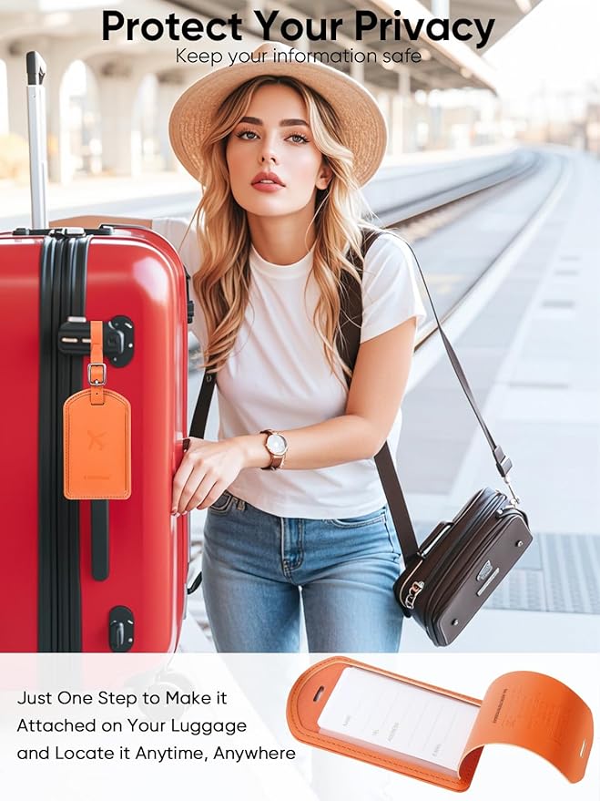 Luggage Tags Built-in Anti-Loss Tracker, Luxury Leather Luggage Tags for Suitcase, Travel Bags, Backpacks, Travel Organizer f