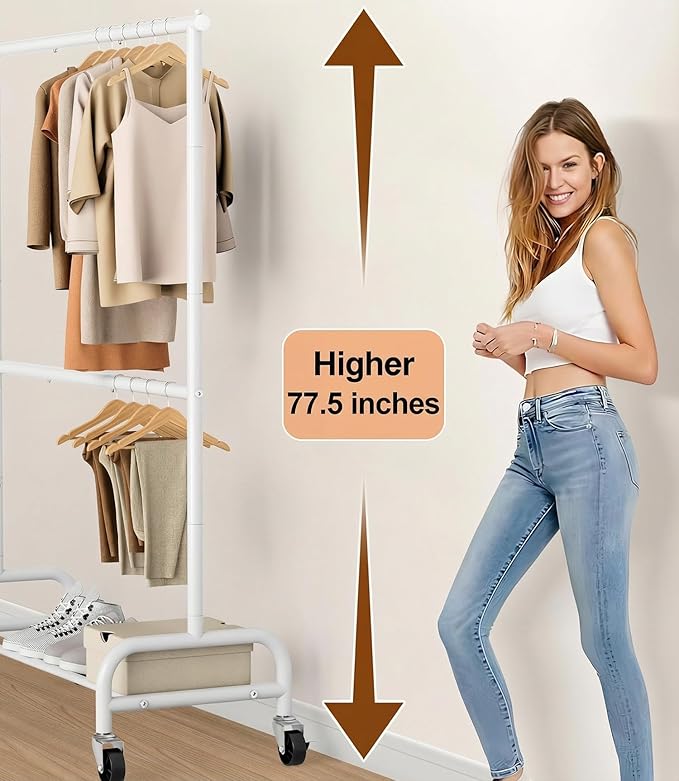 MISSLO Heavy Duty Clothing Racks for Hanging Clothes Rack Double Rod Garment Rack Rolling Closet Wardrobe Rack on Wheels, Met