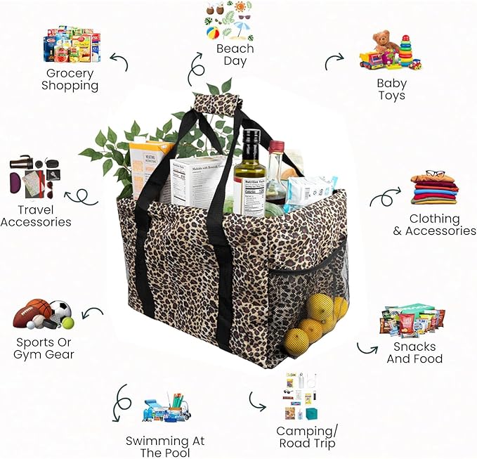 Extra Large Utility Tote Bag - Oversized Collapsible Tote with Wire Frame, Durable Reusable for Beach, Groceries, Laundry, Car Trunk, Storage and Travel - Includes 5x7 Bag with Hook - Leopard