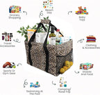 Extra Large Utility Tote Bag - Oversized Collapsible Tote with Wire Frame, Durable Reusable for Beach, Groceries, Laundry, Car Trunk, Storage and Travel - Includes 5x7 Bag with Hook - Leopard