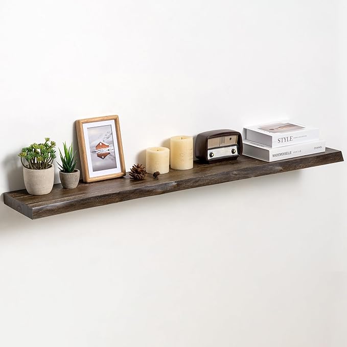 Fun Memories Floating Shelves for Wall Decor Set of 1-48 Inch Solid Elm Wood Live Edge - Rustic Walnut Wall Shelves with Invi