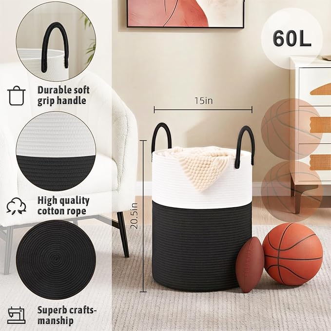 Artfeel Laundry Basket,Woven Cotton Rope Laundry Hamper,60L for Decorative Storage of Dirty Clothes,Toys and Blankets in Bath