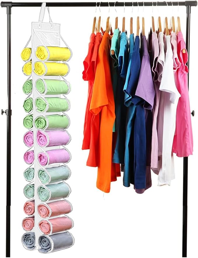 Legging Storage Bag Hanger - Can Hold 24 Leggings, Shirts or Jeans - Foldable Clothes Organizer, Portable Closet Roll Holder 