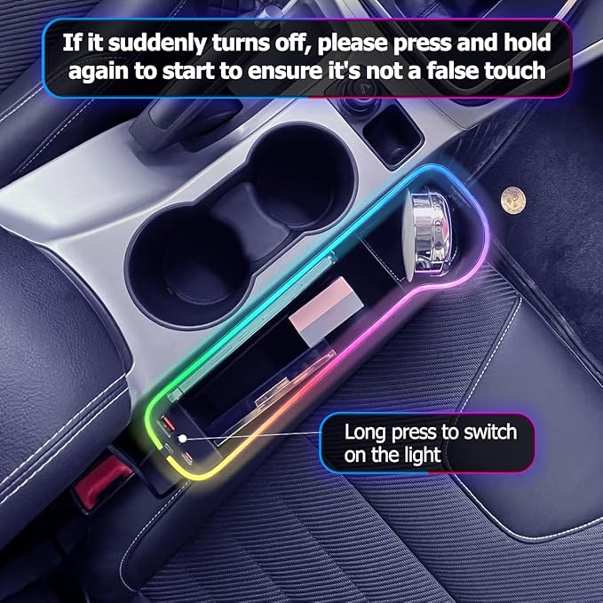 LED Car Seat Gap Filler Organizer Car Gap Filler with 10 Light Music Rhythm Modes USB and Type-C Charger Fit for iPhone Android (2 Pack)