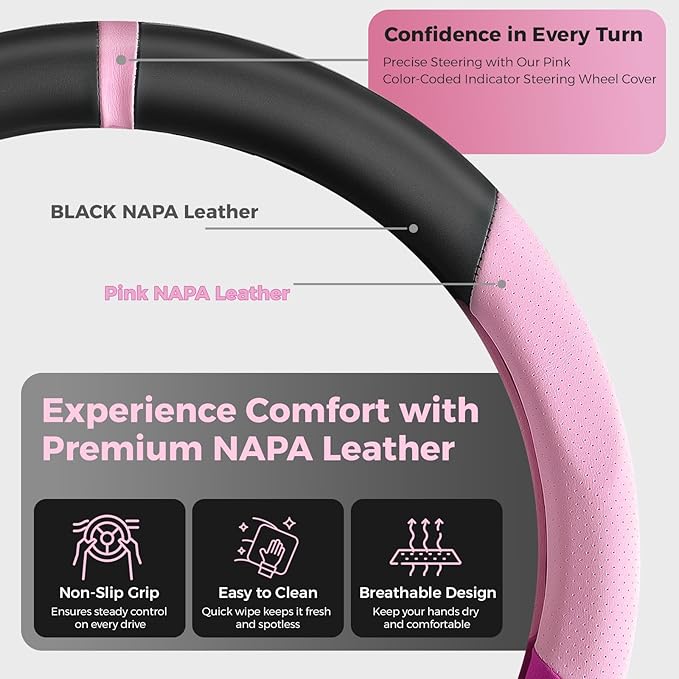 15'' Non-Slip Steering Wheel Cover for Women and Men– Made with Durable NAPA Leather for a Luxurious Feel, Breathable, Easy to Install, and Ideal for Everyday Use or Extended Road Trips (Pink B)