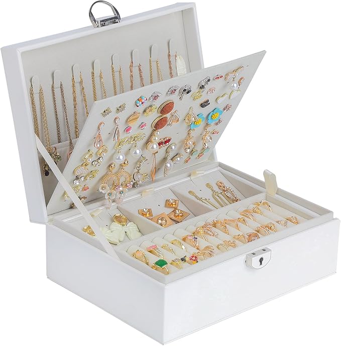 BOOVO Earring Jewelry Box For Women Girl Stud Organizer, 4 Layers Girl Jewelry Organizer Box With Lock Earring Holder Organiz