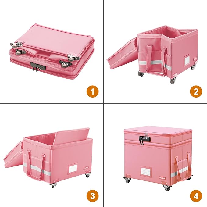DocSafe File Box with Lock,2-Layer Fireproof Document Box with Wheels,Collapsible Rolling File Storage Organizer with Pockets