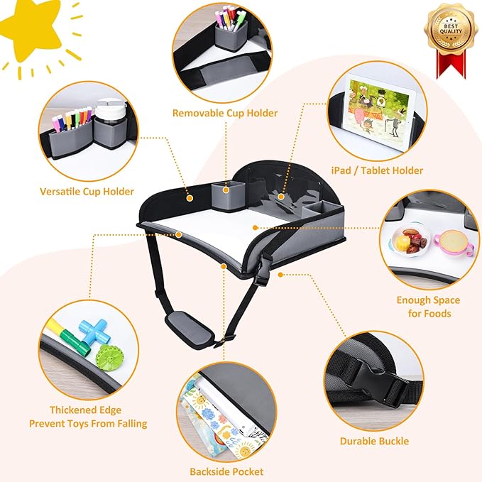 Kids Travel Tray for Toddler Carseat, Road Trip Activities Essentials for Toddler, Kids Lap Desk Tray with Tablet Holder Stand ＆ Dry Erase Board (Grey)