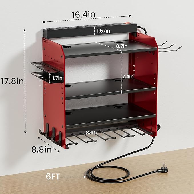 Power Tool Organizer Wall Mount with Charging Station, Garage 4 Drill Storage Shelf with Cordless Tool Holder, Heavy Duty Rac