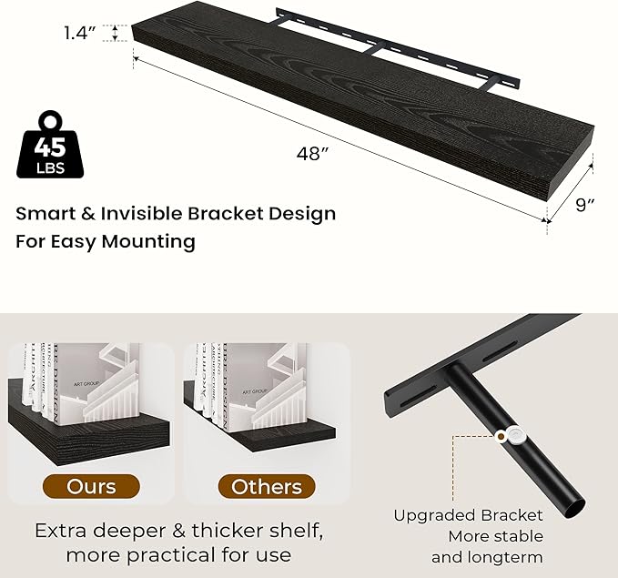 Dreamland 48 Inch Long Floating Shelves in Black,9.3 Inch Deep Floating Shelf for Wall,Large Display & Storage Shelf, Wall Sh