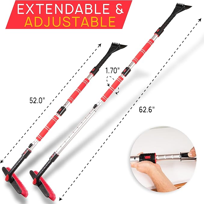 VaygWay Ice Scraper and Extendable Snow Brush for Car Windshield- Adjustable Length Foam Grip 360° Pivoting Brush Head for Snow, 2 in 1 Sturdy Winter Ice and Snow Remover for Car, Truck, Van