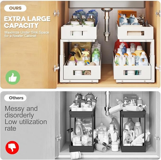 2 Packs 21IN Depth Under Sink Organizer, 2-Tier Pull Out Cabinet Organizer With Smooth Circular Rail, Large Capacity Metal Me