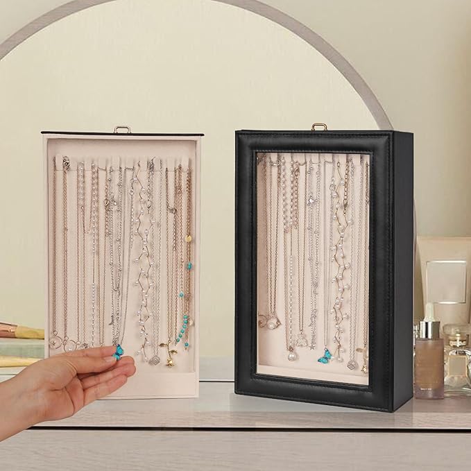 Necklace Organizer Box - 2-Layer Double-Sided Clear Lid Jewelry Storage Case, Anti-Tangle Necklaces Display Holder for Pendan