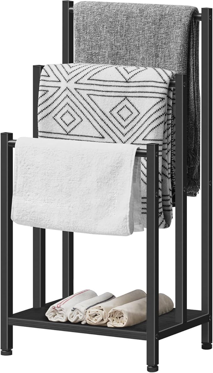 HOOBRO Free Standing Towel Rack, 3 Tier Blanket Rack, Blanket Holder for Bathroom, 16.9" L x 11" W x 31.9" H, Industrial Meta