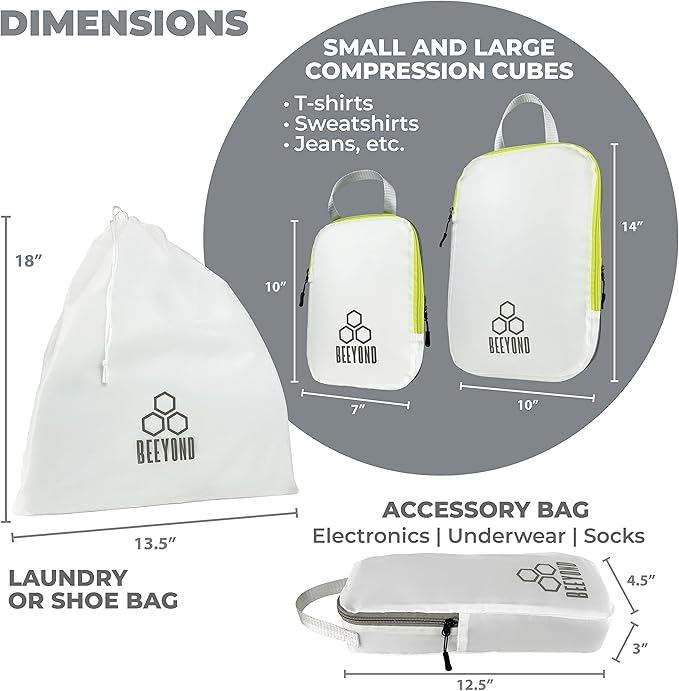 Beeyond Compression Packing Cubes Set - 6 Pieces for Travel and Luggage Organization, Includes Large & Small Cubes, Accessori
