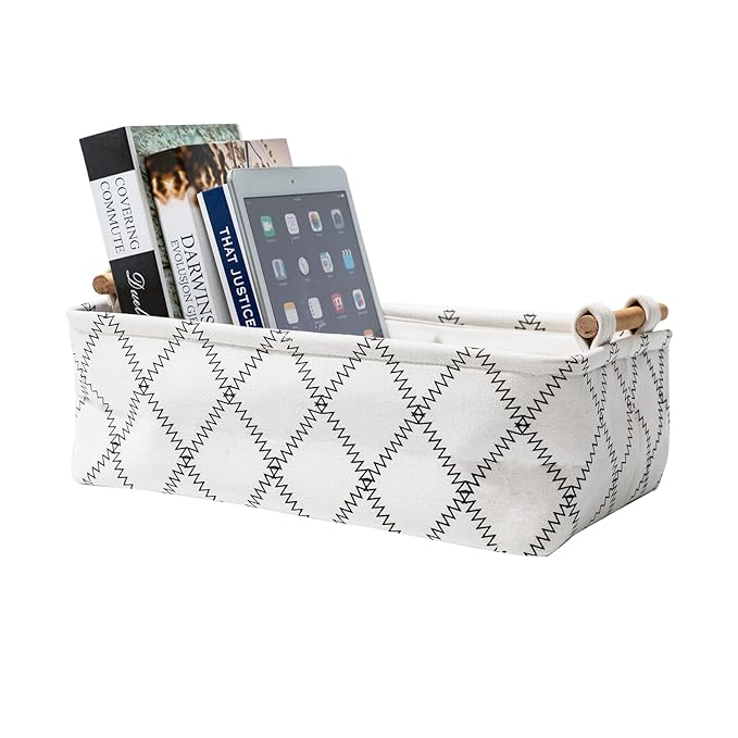 Decorative Collapsible Rectangular Fabric Storage Bin Organizer Basket with Wooden Handles for Clothes Storage,12.6x8.7x4.7 i