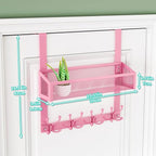 HapiRm Over The Door Hooks - Easy Installation Pink Door Hanger with Basket and 16 Hooks, 304 Stainless Steel Storage Organiz