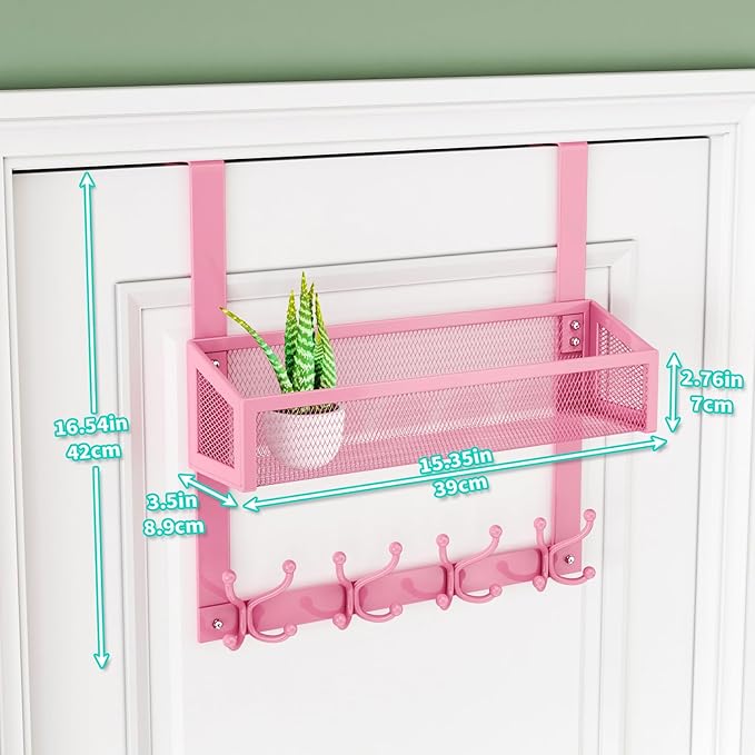 HapiRm Over The Door Hooks - Easy Installation Pink Door Hanger with Basket and 16 Hooks, 304 Stainless Steel Storage Organiz