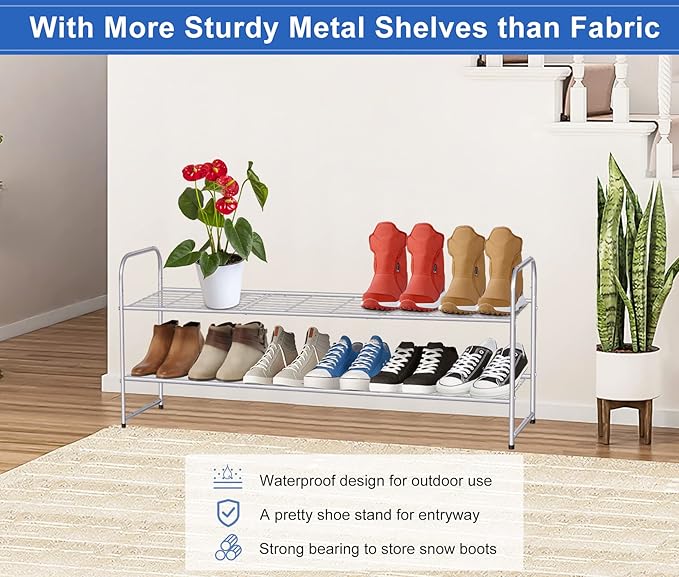KEETDY 2-Tier Long Shoe Rack for Closet Shoe Organizer for Entryway, Metal Stackable Shoe Storage Shelf for 18 Pairs Sneakers