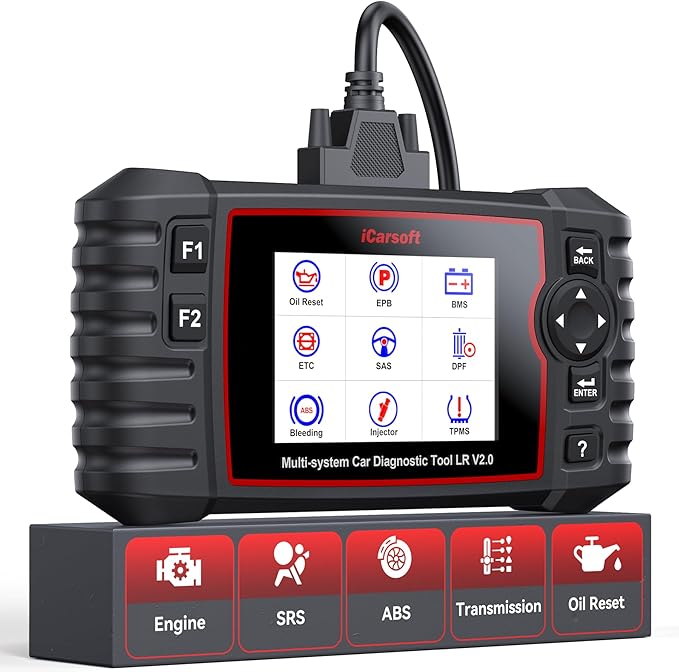 iCarsoft OBD2 Scanner for Landrover/Jaguar 9 Reset Functions Oil Reset BMS TPMS etc, Full System Diagnostic Tool with Airbag