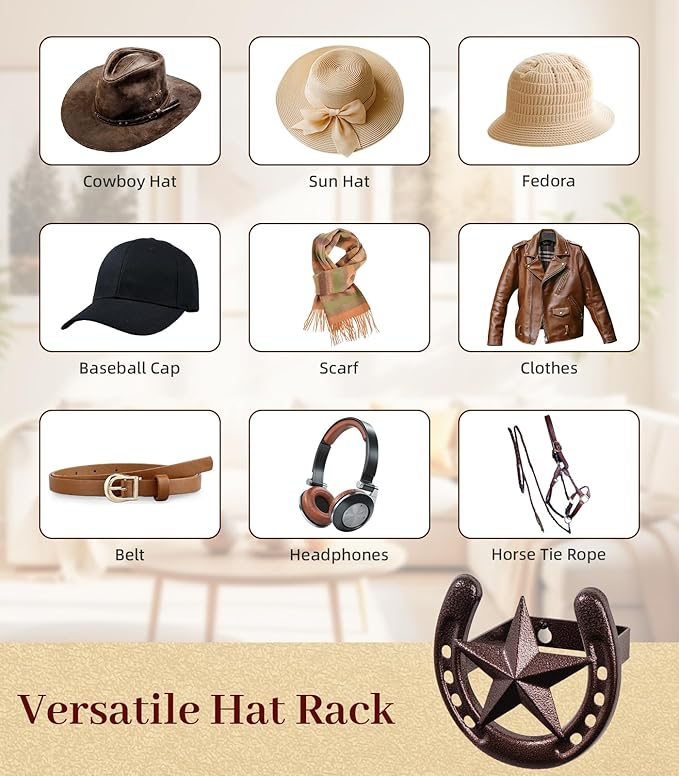 Cowboy Hat Hanger Wall Mount, 6 Pack Cowboy Hat Rack, Bridle Hook for Tack Room, Metal Horseshoe Hook, Horseshoe Decor, Weste