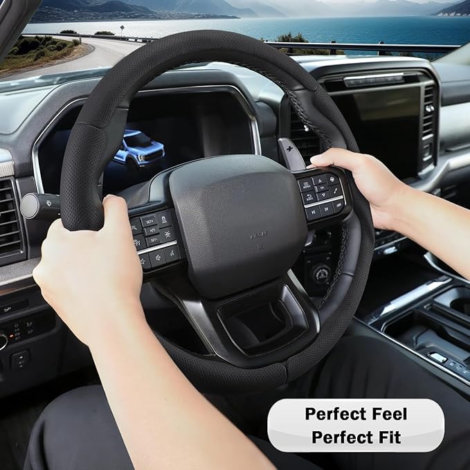Steering Wheel Cover for Ford F150 2021-2025/ F-150 Lightning 2022-2025/ F250 F350 F450 F550 2023-2025/ Ford Expedition 2022-2024 Steering Wheel Cover Protector Accessories(Perforated Black Leather)