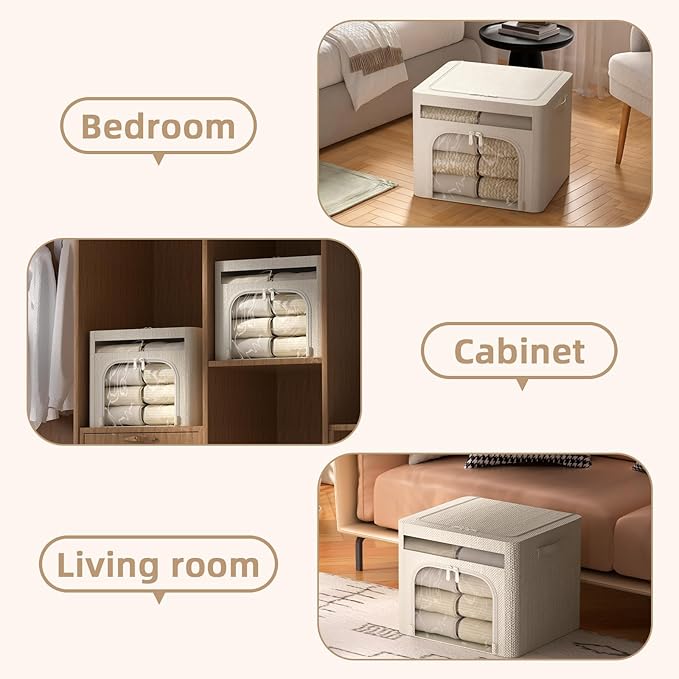 FHSQX 6 Pack Foldable Storage Bins for Clothes Clothes Storage Bins with Metal Frame Stackable Storage Box with Lid (Cream Wh