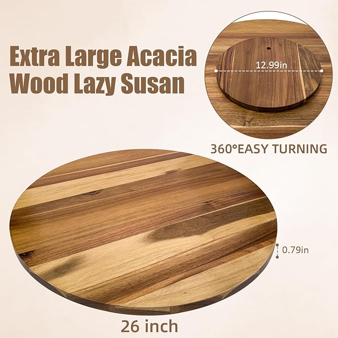 26'' Acacia Wooden Lazy Susan with 360 Rotation for Dining Table Top,Extra Large Wooden Serving Tray with Heavy Duty Rotating