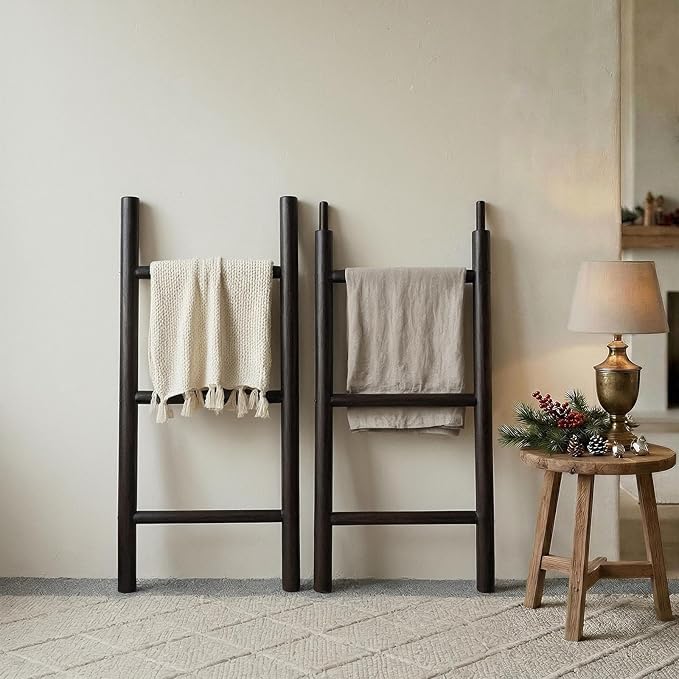 Wooden Blanket Ladder - 76in Natural Wood Color- Leaning Wall Decor for Bedroom, Bathroom, Living Room - Rustic Quilt Holder 