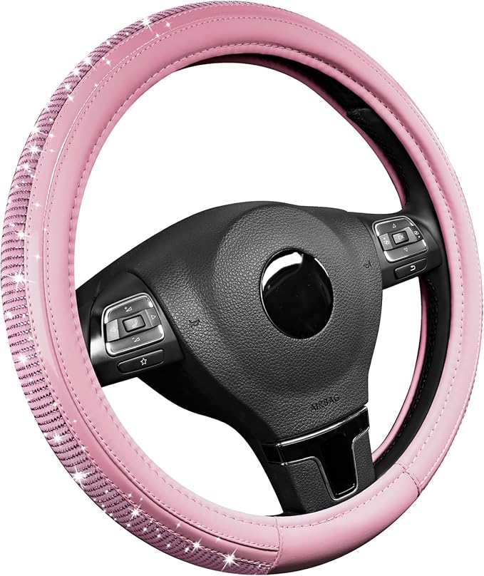 Road Comforts Bling Steering Wheel Cover – Pink Diamond Design, Universal Fit 14.5-15 Inch, Microfiber Leather, Anti-Slip & B