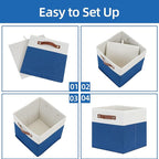 Temary 11 Storage Cube Bins for Shelves, Closet - 4 Pack Fabric Baskets With Leather Handles (White & Blue)