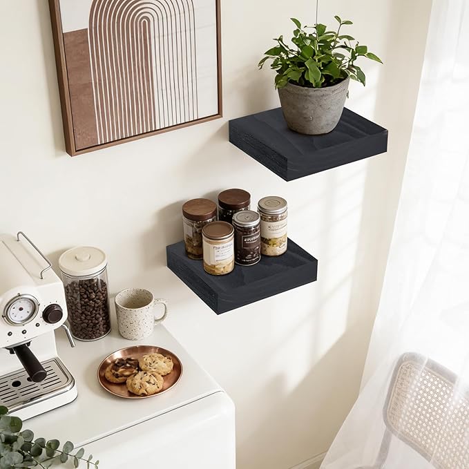 Floating Wall Shelves 6.8x6.8x1.7 Inch – Solid Wood Square Shelves in Black Finish – Rustic Mini Display Shelves for Entryway