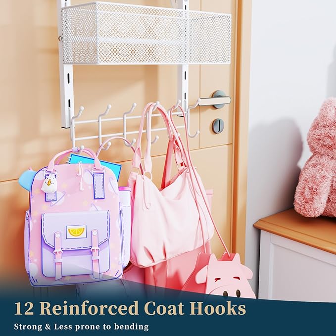Consumest Over The Door Hooks Organizer - 4 Tier Door Coat Rack with 3 Baskets and 12 Hooks, Stainless Steel Towel Hanger for