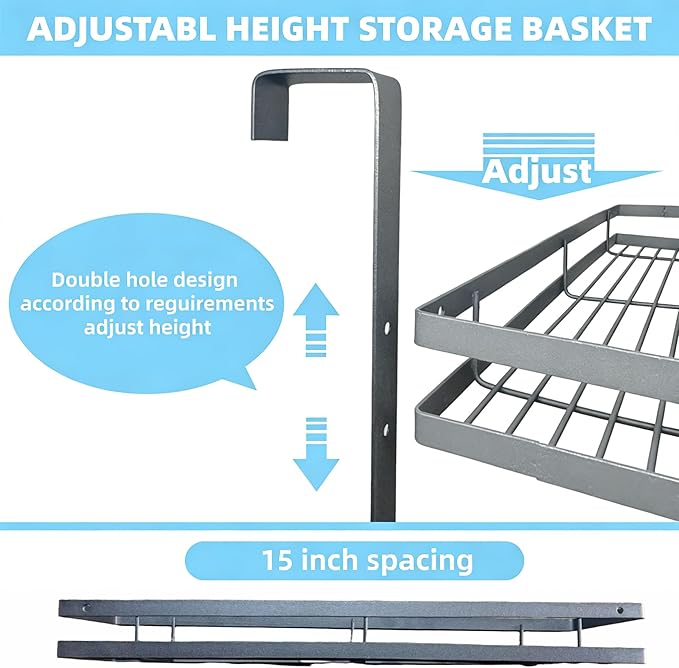 Broom Holder Door Mount,Door Mounted Broom and Mop Holder with Dual Tool Hooks, Three Slots, and One Tool Storage Basket For 