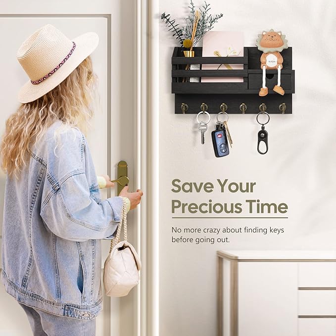 FifthQuarter Key and Mail Holder for Wall, Mail Organizer Wall Mount with 6 Hooks and Storage Drawer, Easy Installation Key R