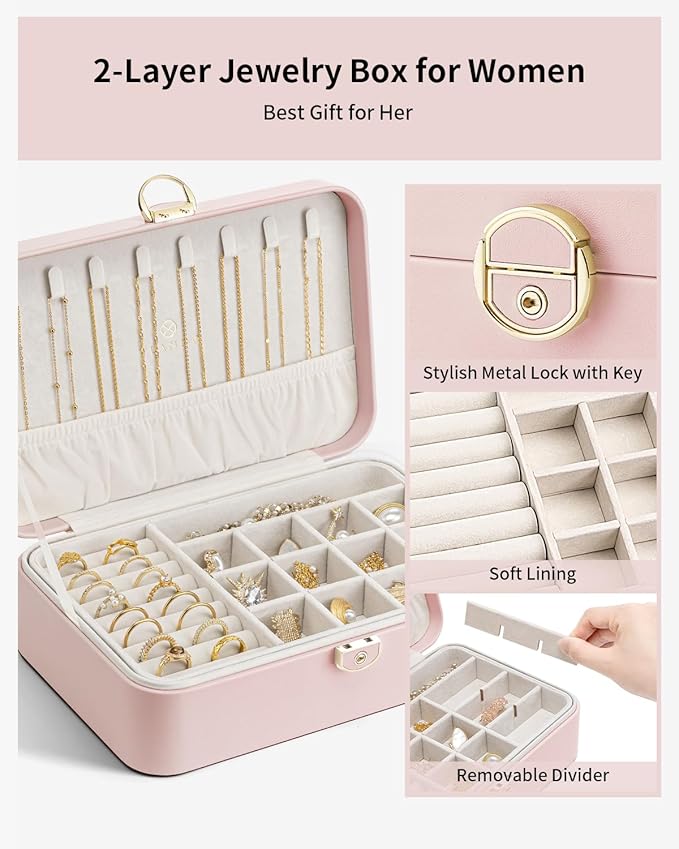 Vlando Jewelry Box Organizer for Women Girls, 2 Layer Jewelry Case with Lock,Jewelry Storage Earrings Necklace,Rings,Gift Box