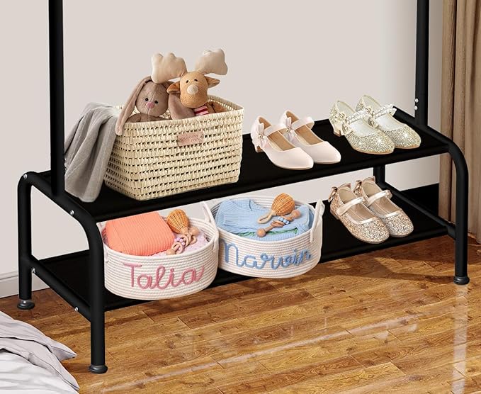 mirolam Kids Clothing Rack - Small Garment Rack - Small Kids Costume Wardrobe Rack with 2 Fabric Floors Storage Shelf - Mini 
