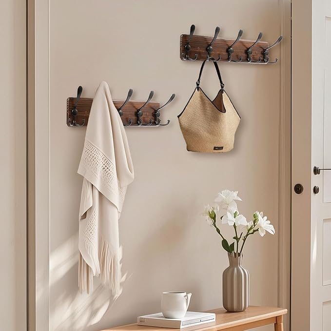 2 Pack Coat Rack Wall Mount 16.8'' Rustic Hat Rack with 5 Triple Hooks Coat Hooks Wall Mount Farmhouse Wall Hooks for Hanging