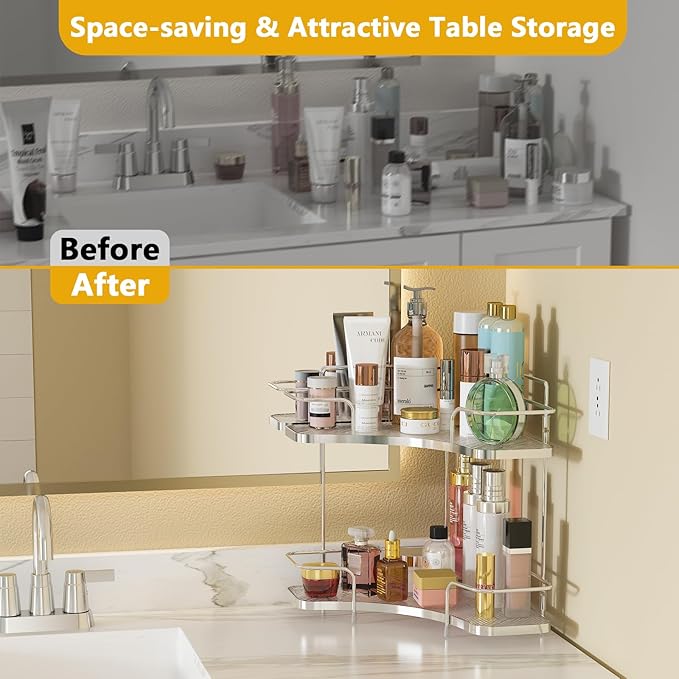 FOLLOWIN 2 Tier Bathroom Countertop Corner Organizer,Countertop Perfume Tray,Vanity Counter Shelf,Skincare Makeup Cosmetic Va