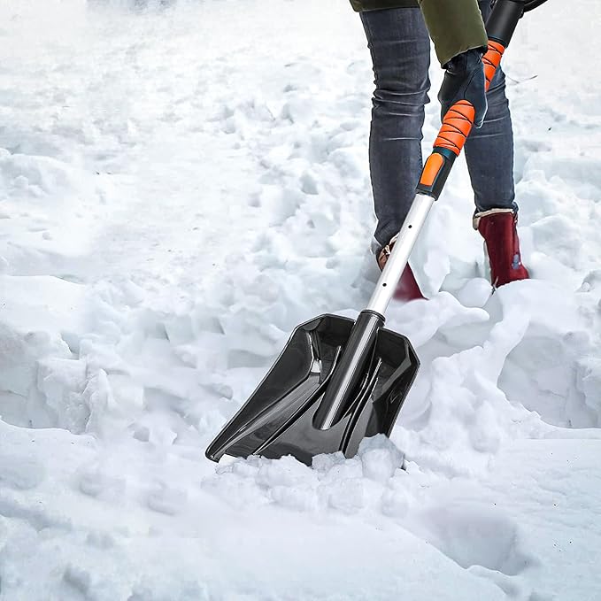 MoNiBloom Extendable Ice Scraper and Brush with Squeegee for Car 4 in 1 Emergency Snow Shovel, Ergonomic Foam Grip and 180° Pivoting Brush Head Car Snow Kit for Cars, Trucks, SUVs, Vehicle