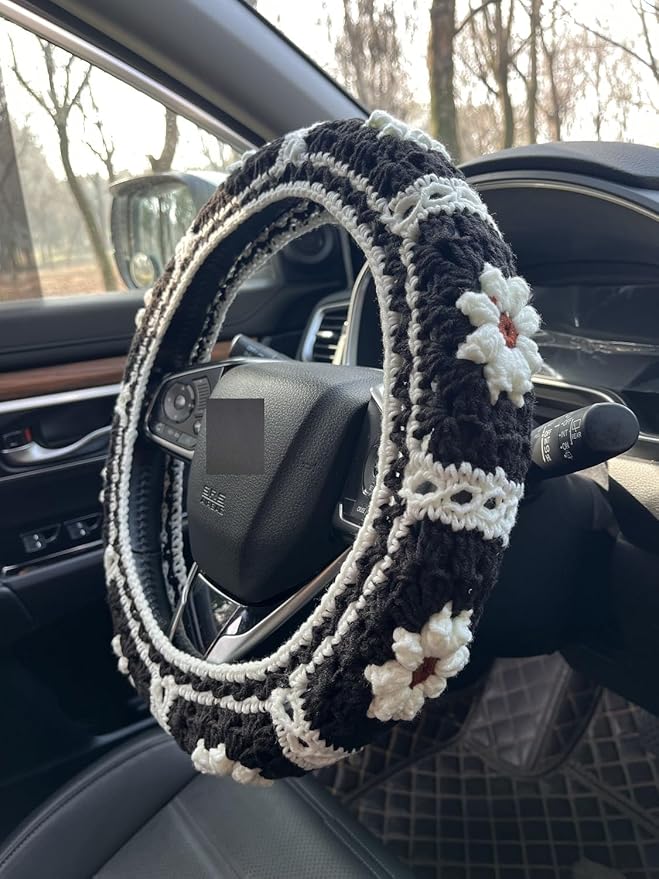 Daisy Crochet Steering Wheel Cover,Cute Seat Belt Cover,Women car Accessories (Black Steering Wheel Cover)
