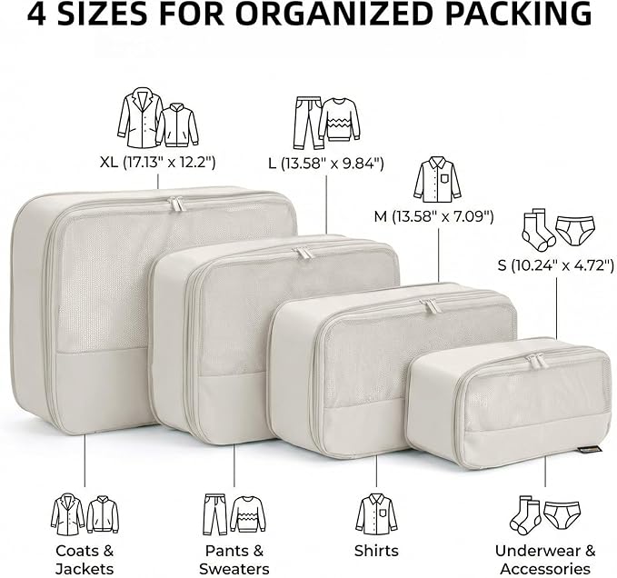 4 Piece Compression Packing Cubes for 3–7 Day Travel, Lightweight Travel Organizers with Breathable Mesh, Double-Zipper Packi