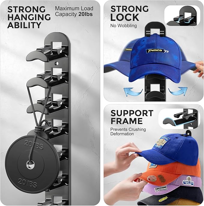 2 Pack Hat Organizer for Baseball Caps, Hat Rack for Wall Hold Up to 20 Hats, Hat Holder with Strong Adhesive and Screws, Hat