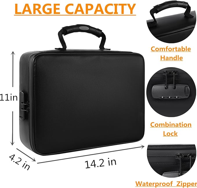 Fireproof Document Box File Organizer with Lock, Fireproof Document Bag Waterproof Fire Proof File Boxes Travel Important Doc