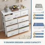 DUMOS Dresser for Bedroom, Storage Organizer with 9 Drawers, Chest of Drawers with Fabric Bins, Sturdy Metal Frame, Wood Tabl