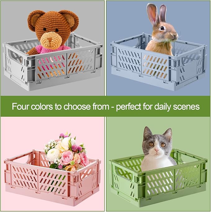 HUUSMOT 4-Pack Small Pastel Plastic Storage Baskets, Collapsible Crates for Organizing, Space-Saving Mini Bins for Classroom,