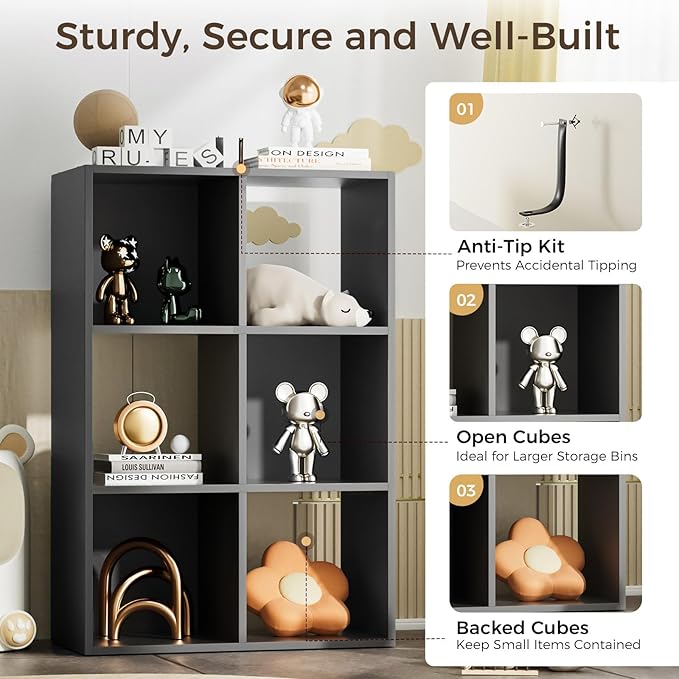 COMHOMA 6 Wood Cube Storage Organizer with Open Back and Removable Back Panels, 11In Black Cube Storage Bookshelf, Cubicle Sh