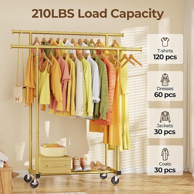 HYSEYY Double Rods Clothes Rack, Sturdy Rolling Clothing Rack, Portable Clothing Racks for Hanging Clothes - Metal Garment Ra