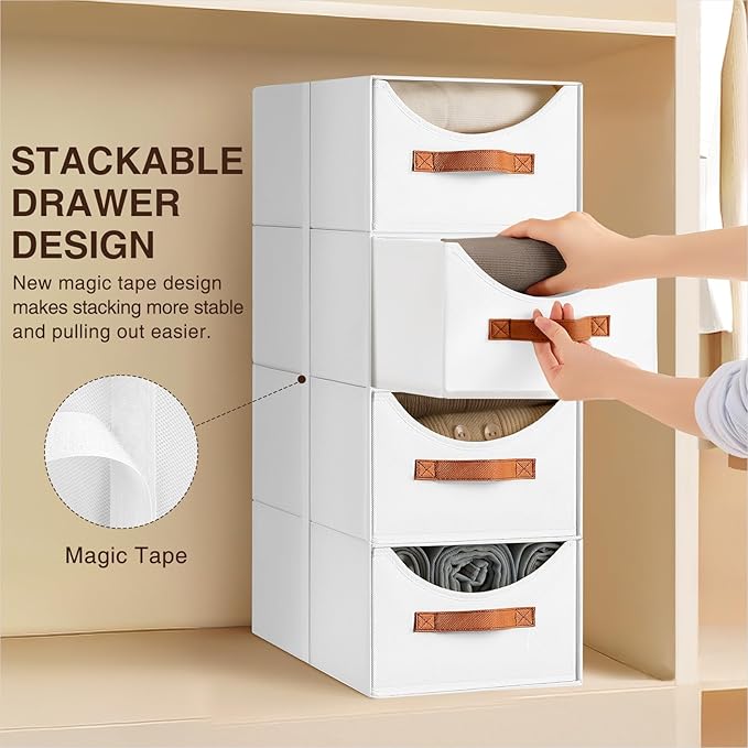 Homsorout Stackable Storage Drawers - Collapsible Storage Bins with Drawers, 8 Pack Closet Shelf Organizer Basket, Fabric Pul
